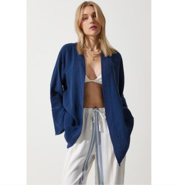 Trendyol Women's Navy Blue Floral Detailed Premium Muslin Kimono