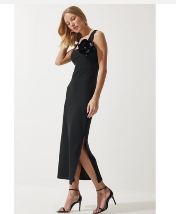 Trendyol Women's Black Floral Strap Saran Ribbed Knitted Dress