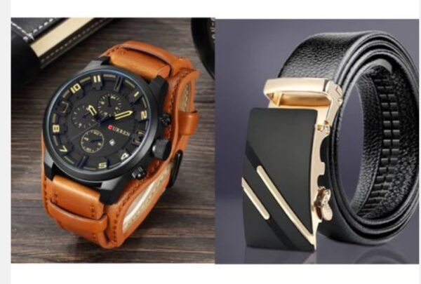 Men Accessories Set Of Leather Wristwatch And Belt